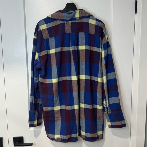Free People We The Free Blue & Yellow Plaid Cargo Oversized Snap Button Shirt - Picture 5 of 6
